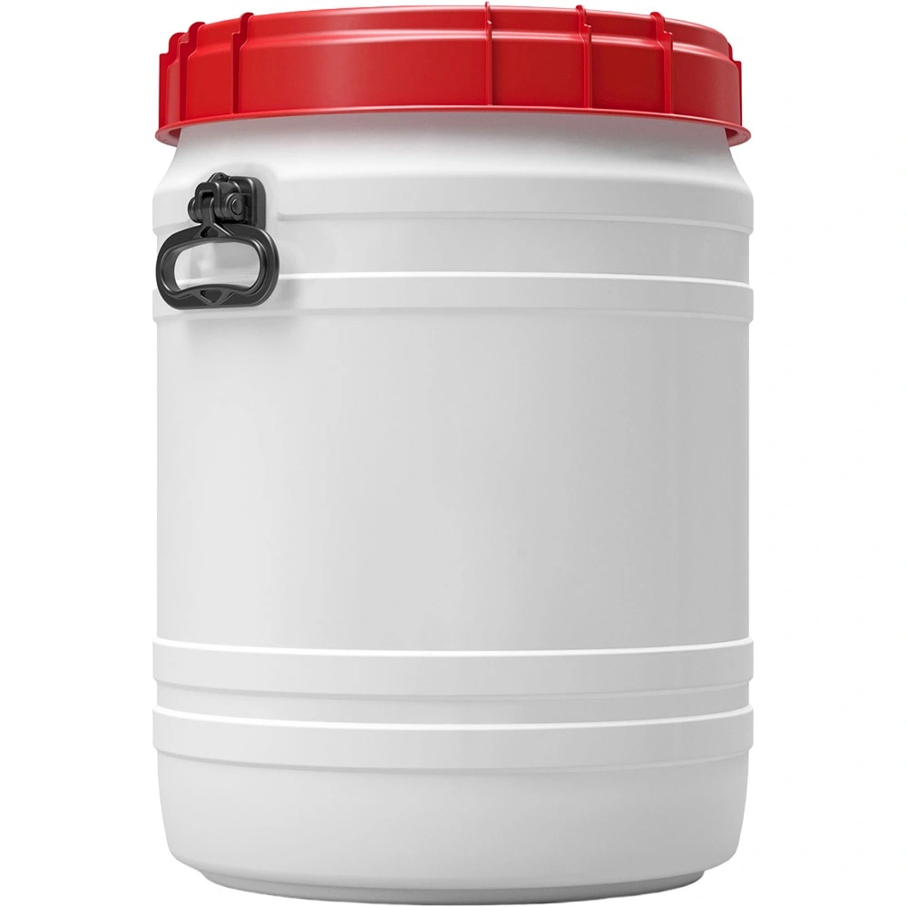 17.7gal_64-liter_white-hdpe-total-opening-drum-with-red-lid-and-black-handles_tamper-evide 17.7 Gallon White Plastic Drum with Screw On Lid and Handles, Tamper Evident, UN Rated - Image 1