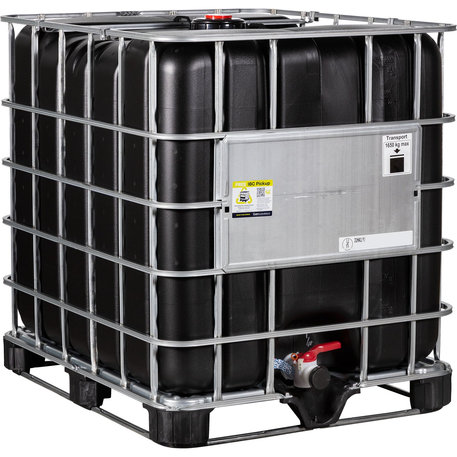 26w2bt_1 275 Gallon Black IBC Tote, Rebottled, UN Rated, 2" Camlock Valve, Steel/Composite Pallet - Image 1