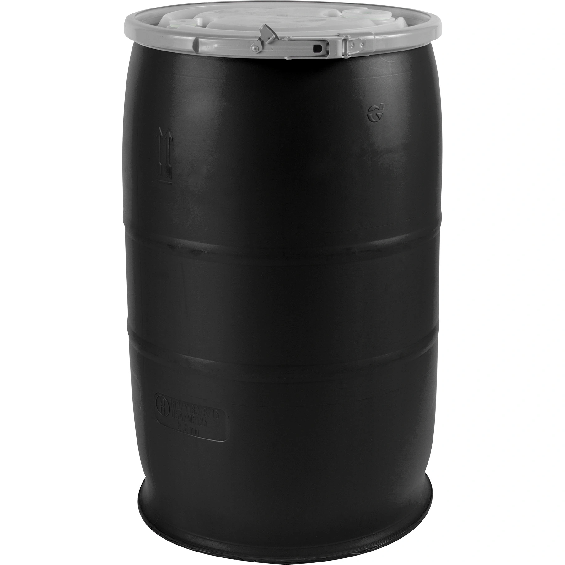 30gal-black-plastic-drum_cover-with-plastic-lever-lock_un-rated_2in-and-0.75in-fittings_56w31k_1 30 Gallon Black Plastic Drum, Cover w/Plastic Lever Lock, UN Rated, 2" & 3/4" Fittings - Image 1