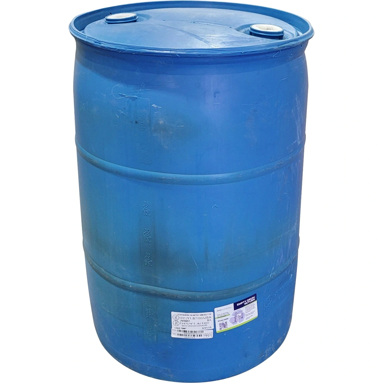 55-gallon_blue-recon-seconds-tight-head-un-plastic-drum-with-two-2-inch-fittings_signs-of-s 55 Gallon Blue Tight Head Plastic Drum, Reconditioned, Stains & Scratches - Image 1
