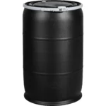 57 Gallon Black Plastic Drum, UN Rated, 2" & 3/4" Fittings, Cover w/Lever Lock Ring
