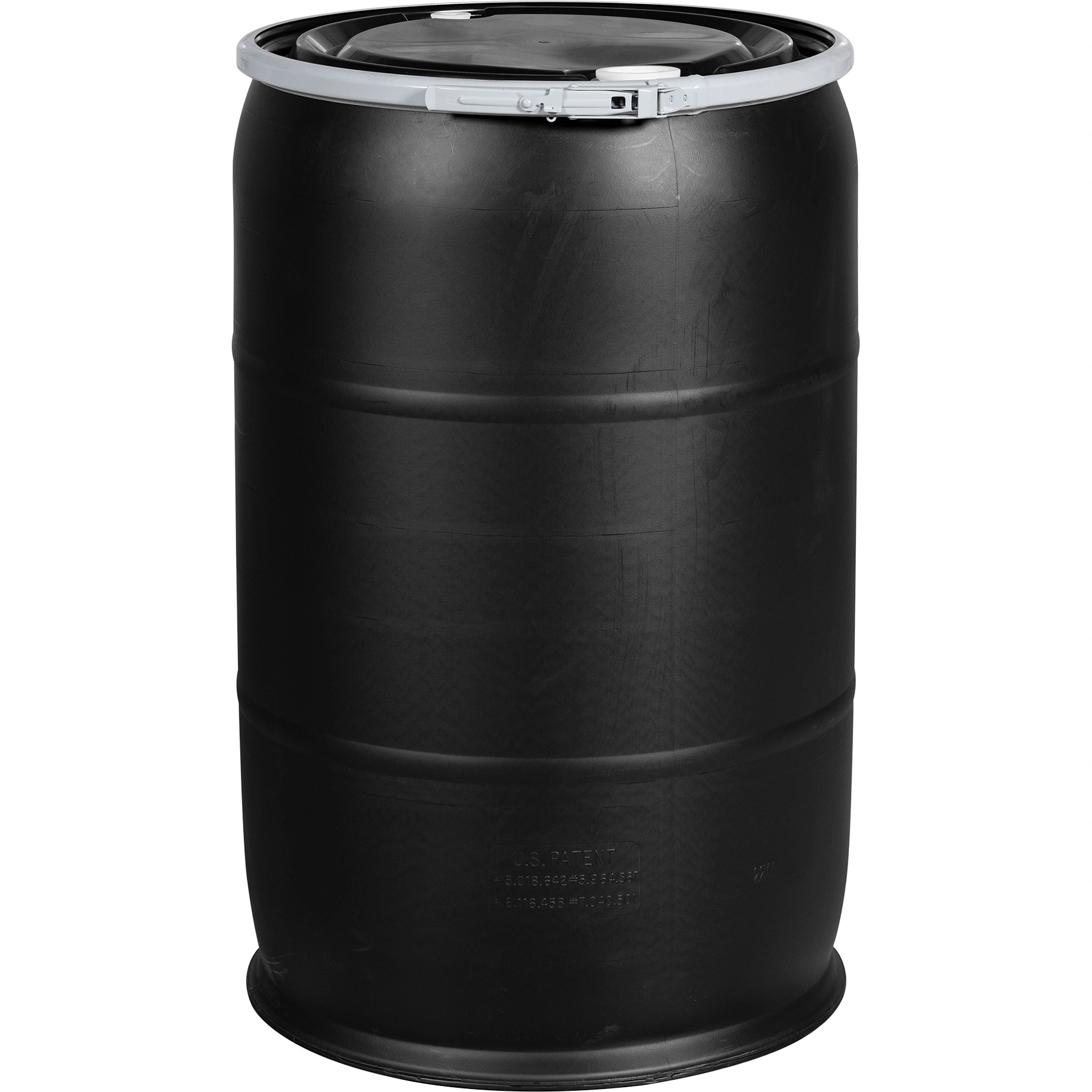 57-gallon-black-plastic-drum_un-rated_2-inch-and-0.75-inch-fittings_cover-with-lever-lock-ring_56w 57 Gallon Black Plastic Drum, UN Rated, 2" & 3/4" Fittings, Cover w/Lever Lock Ring - Image 1