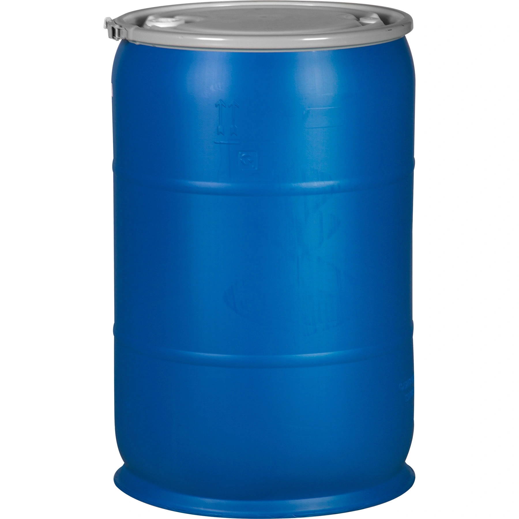 57 Gallon Blue Plastic Drum, UN Rated, 2" & 3/4" Fittings, Cover w/Lever Lock Ring Closure - Image 1