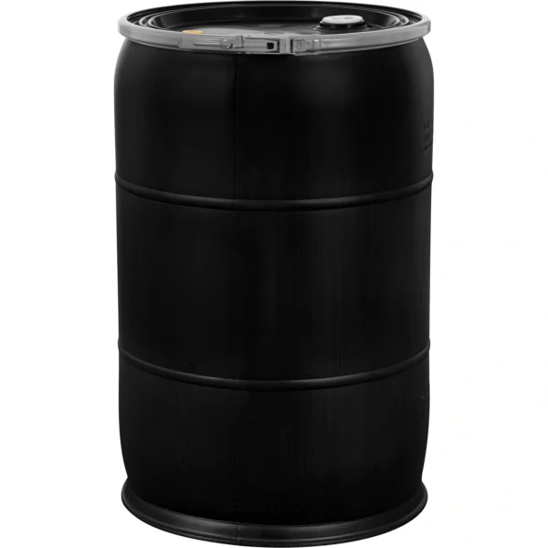 55 Gallon Black Plastic Drum, Cover wLever Lock Ring, Reconditioned, UN Rated, Various Styles