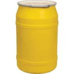 55 Gallon Yellow Plastic Drum, UN Rated, Cover w/Metal Lever Lock, 2" & 3/4" Fittings