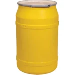 55 Gallon Yellow Plastic Drum, UN Rated, Cover w/Metal Lever Lock, 2" & 2" Fittings