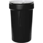 55 Gallon Black Plastic Drum, Taper Sided, UN Rated, Cover wMetal Lever Lock