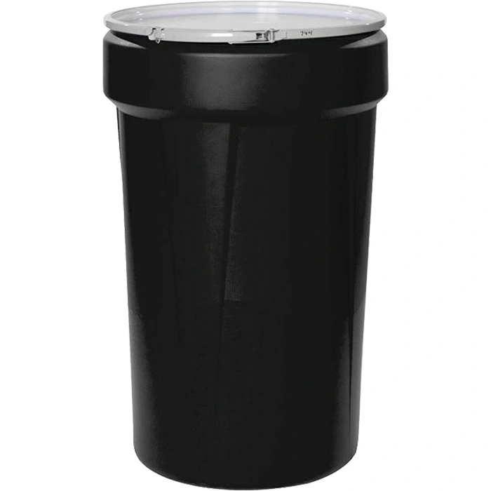 55-gallon_black-plastic-drum_taper-sided_un-rated_cover_metal-lever-lock_56bl5k_1 55 Gallon Black Plastic Drum, Taper Sided, UN Rated, Cover wMetal Lever Lock - Image 1