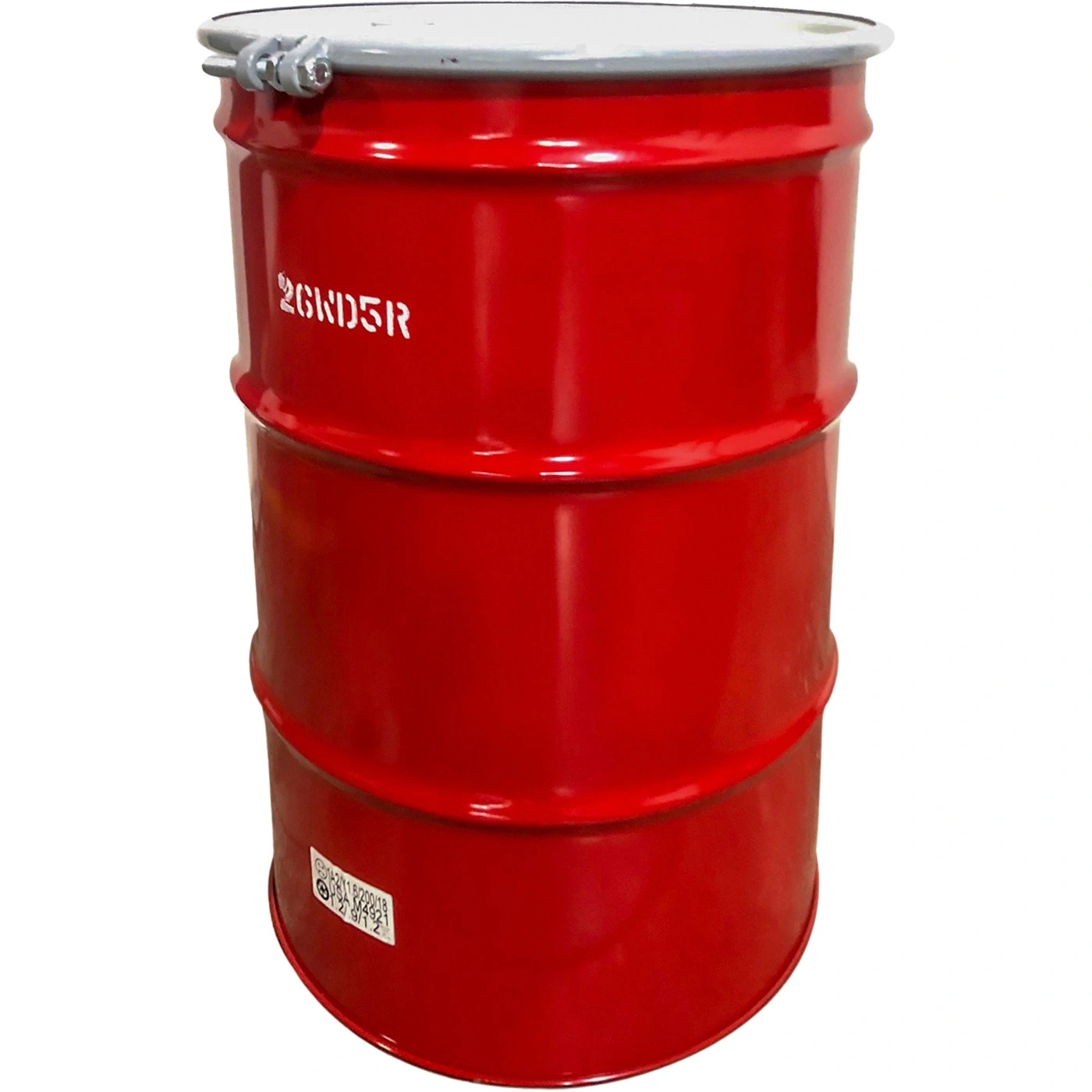 55 Gallon Steel Drum, Red, UN Rated, Unlined, 20GA, Cover w/Bolt Ring, 2" & 3/4" Fittings - Image 1