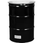 55 Gallon Steel Open Head Drum, Black, Unlined, UN Rated, White Cover w/Bolt Ring, 2" & 3/4" Fittings