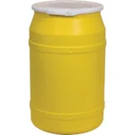 55 Gallon Yellow Plastic Drum, UN Rated, Cover w/Plastic Lever Lock