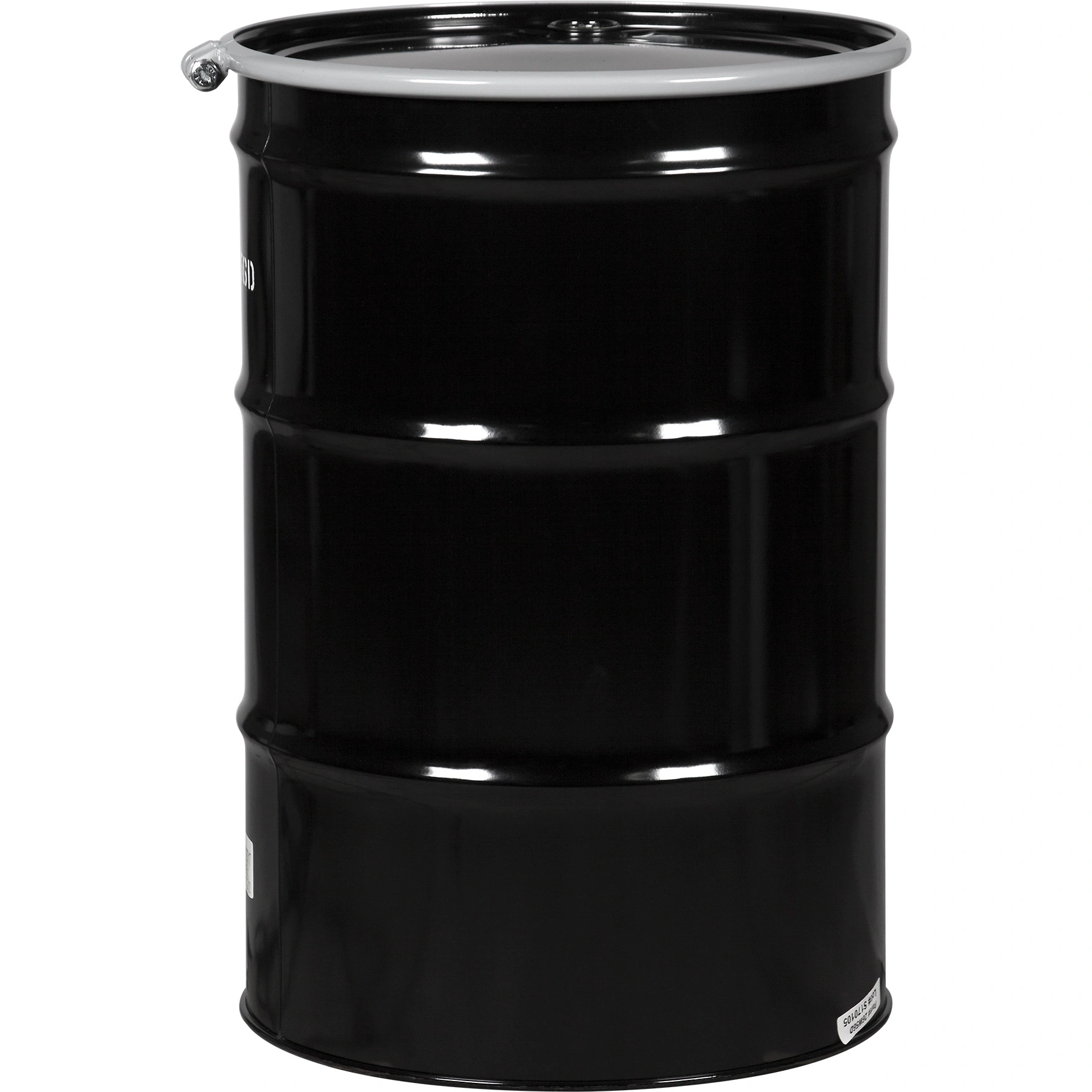 55 Gallon Steel Drum, Black, UN Rated, Unlined, 20GA, Cover w/Bolt Ring, 2" & 3/4" Fittings - Image 1