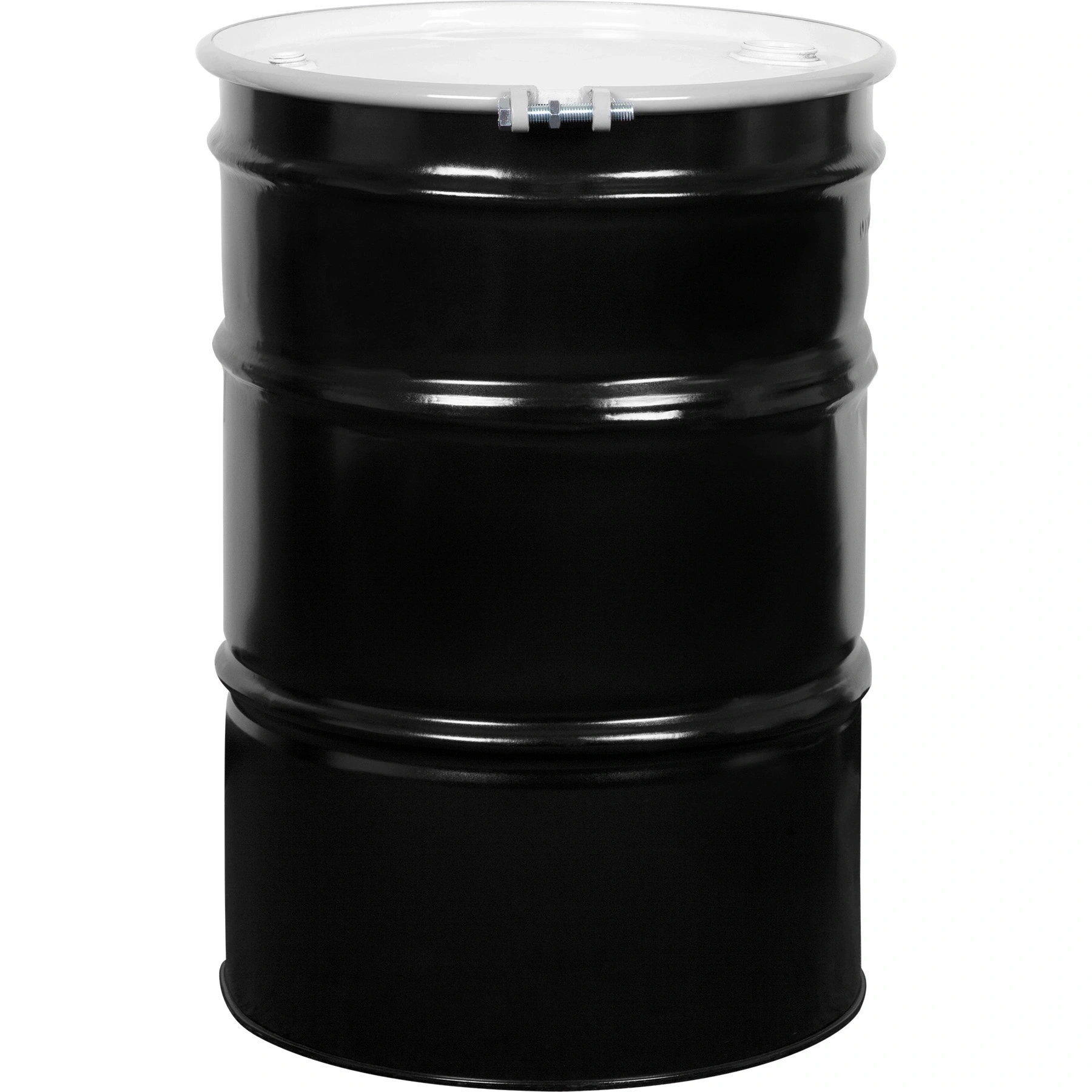 55gal-steel-drum_black_reconditioned_un-rated_unlined_cover-with-bolt-ring_2in-and-0.7 55 Gallon Steel Drum, Black, Reconditioned, UN Rated, Unlined, Cover wBolt Ring, 2 & 34 Fittings - Image 1