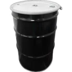 55 Gallon Steel Drum, Black, UN Rated, Unlined, White Cover w/Bolt Ring, Two 2" Fittings & One 3/4" Fitting