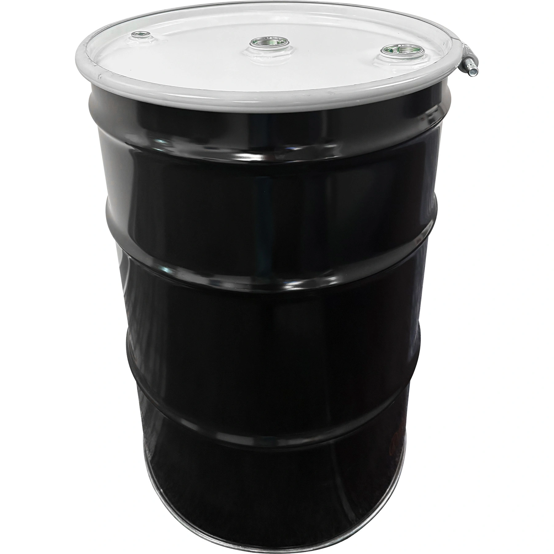 55gal-steel-drum_black_un-rated_unlined_white-cover-with-bolt-ring_two 55 Gallon Steel Drum, Black, UN Rated, Unlined, White Cover w/Bolt Ring, Two 2" Fittings & One 3/4" Fitting - Image 1